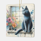 Russisch Blauw Kat in Raam met Waterverf Bloem Keramisch Ornament (Links)