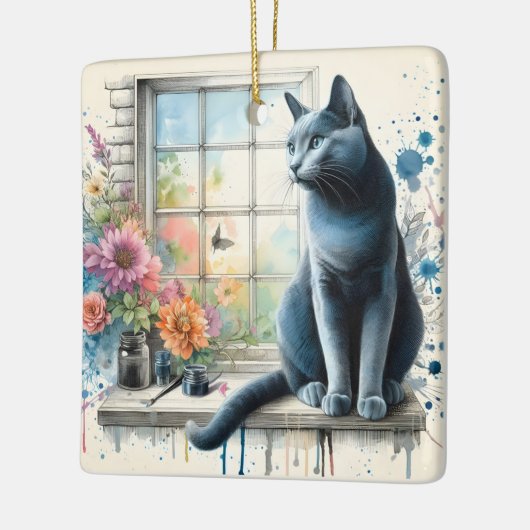 Russisch Blauw Kat in Raam met Waterverf Bloem Keramisch Ornament (Links)