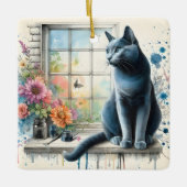 Russisch Blauw Kat in Raam met Waterverf Bloem Keramisch Ornament (Voorkant)