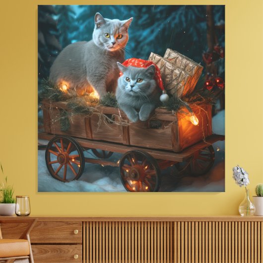 Russisch Blauw Kat Sneeuwachtige Sleigh Kerstmisde Canvas Afdruk (Insitu (Woonkamer))