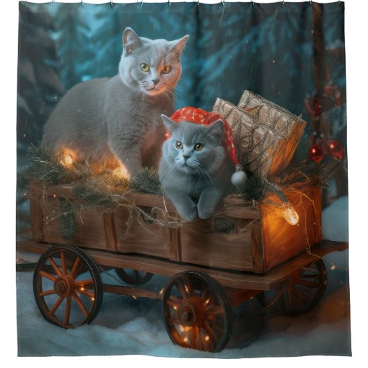 Russisch Blauw Kat Sneeuwachtige Sleigh Kerstmisde Douchegordijn (Voorkant)
