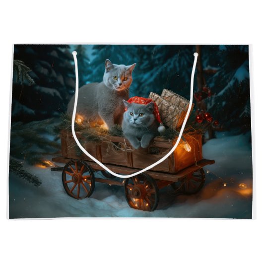 Russisch Blauw Kat Sneeuwachtige Sleigh Kerstmisde Groot Cadeauzakje (Voorkant)
