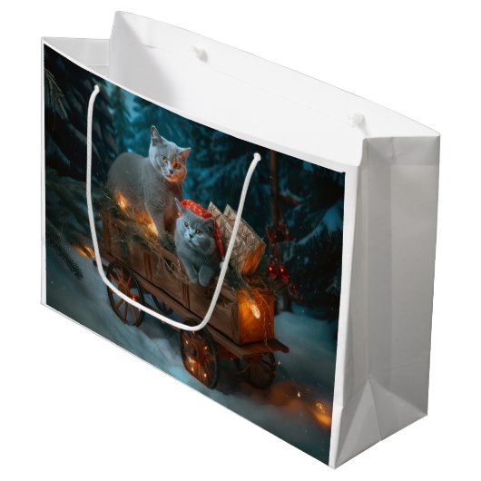 Russisch Blauw Kat Sneeuwachtige Sleigh Kerstmisde Groot Cadeauzakje (Voorkant Gekanteld)