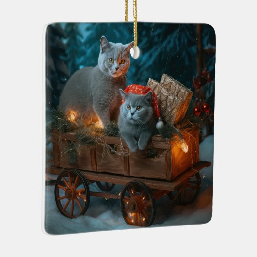 Russisch Blauw Kat Sneeuwachtige Sleigh Kerstmisde Keramisch Ornament (Rechts)