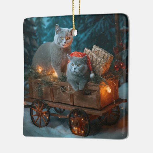 Russisch Blauw Kat Sneeuwachtige Sleigh Kerstmisde Keramisch Ornament (Links)