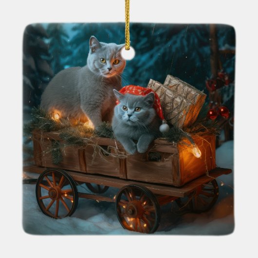 Russisch Blauw Kat Sneeuwachtige Sleigh Kerstmisde Keramisch Ornament (Achterkant)