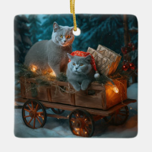 Russisch Blauw Kat Sneeuwachtige Sleigh Kerstmisde Keramisch Ornament