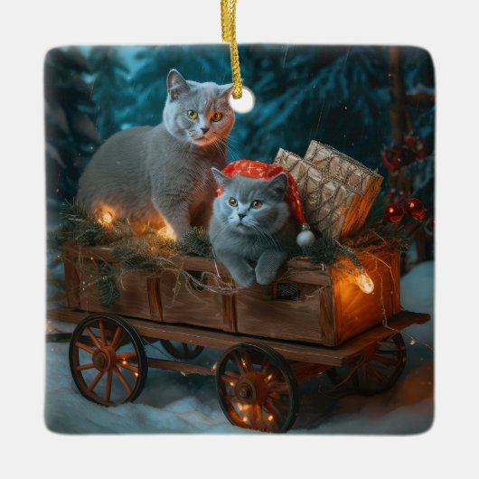 Russisch Blauw Kat Sneeuwachtige Sleigh Kerstmisde Keramisch Ornament (Voorkant)