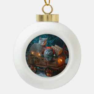 Russisch Blauw Kat Sneeuwachtige Sleigh Kerstmisde Keramische Bal Ornament
