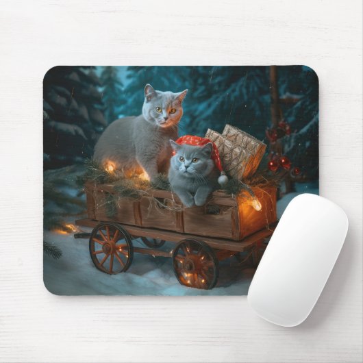 Russisch Blauw Kat Sneeuwachtige Sleigh Kerstmisde Muismat (Met muis)