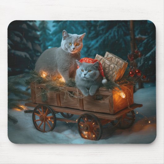 Russisch Blauw Kat Sneeuwachtige Sleigh Kerstmisde Muismat (Voorkant)