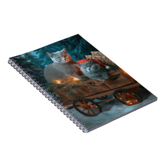 Russisch Blauw Kat Sneeuwachtige Sleigh Kerstmisde Notitieboek (Rechterzijde)