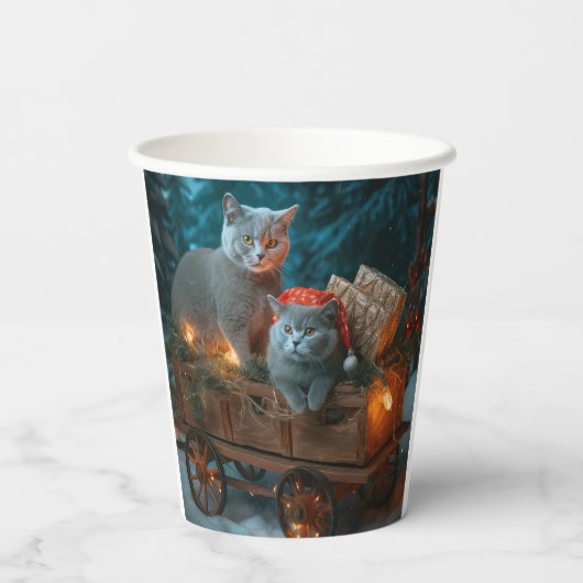 Russisch Blauw Kat Sneeuwachtige Sleigh Kerstmisde Papieren Bekers (Achterkant)