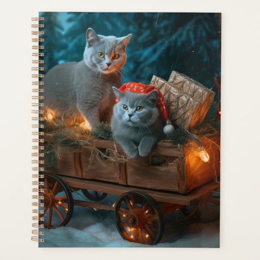 Russisch Blauw Kat Sneeuwachtige Sleigh Kerstmisde Planner (Voorkant)