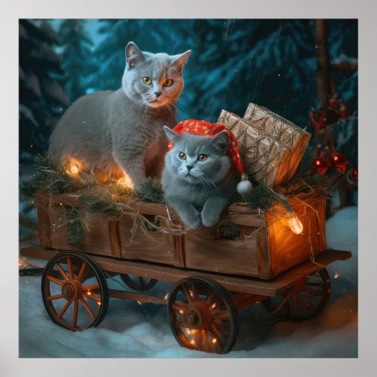 Russisch Blauw Kat Sneeuwachtige Sleigh Kerstmisde Poster (Voorkant)