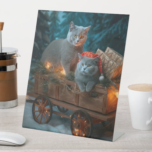 Russisch Blauw Kat Sneeuwachtige Sleigh Kerstmisde Reclamebord Met Voetstuk (Insitu)