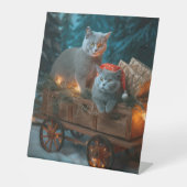 Russisch Blauw Kat Sneeuwachtige Sleigh Kerstmisde Reclamebord Met Voetstuk (Voorkant)