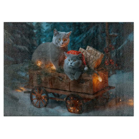 Russisch Blauw Kat Sneeuwachtige Sleigh Kerstmisde Snijplank (Voorkant)