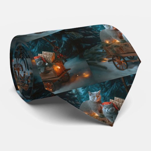 Russisch Blauw Kat Sneeuwachtige Sleigh Kerstmisde Stropdas (Opgerold)