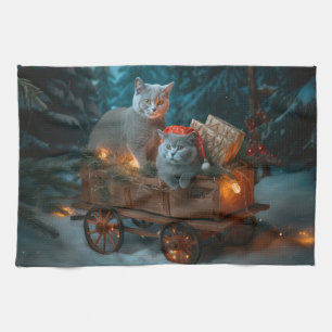 Russisch Blauw Kat Sneeuwachtige Sleigh Kerstmisde Theedoek