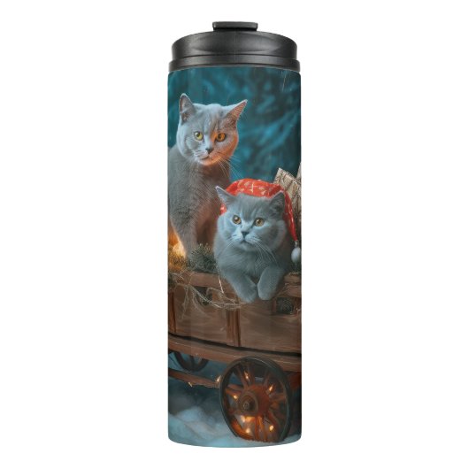 Russisch Blauw Kat Sneeuwachtige Sleigh Kerstmisde Thermosbeker (Voorkant)