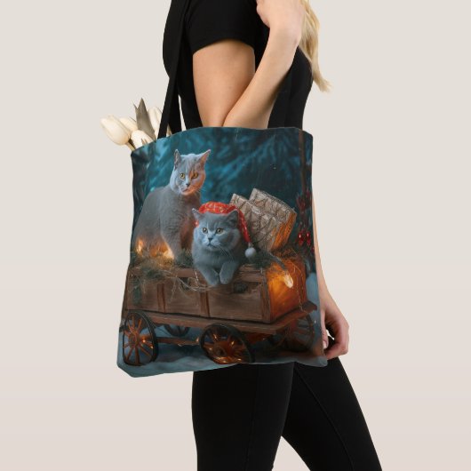 Russisch Blauw Kat Sneeuwachtige Sleigh Kerstmisde Tote Bag (Dichtbij)