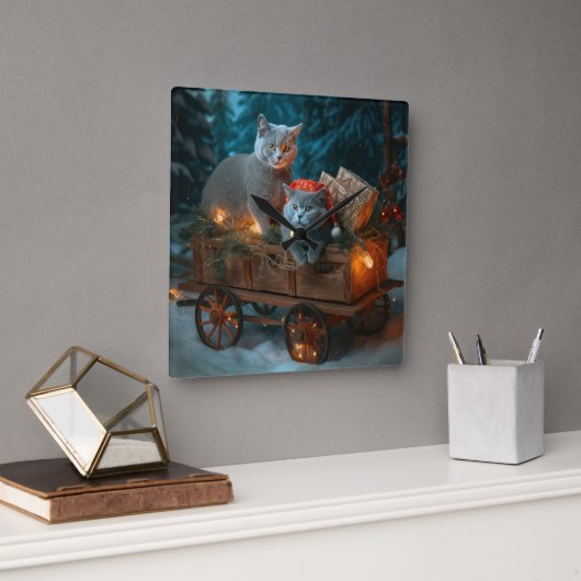 Russisch Blauw Kat Sneeuwachtige Sleigh Kerstmisde Vierkante Klok (Kantoor)