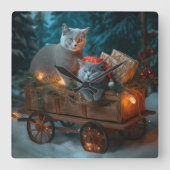 Russisch Blauw Kat Sneeuwachtige Sleigh Kerstmisde Vierkante Klok (Voorkant)