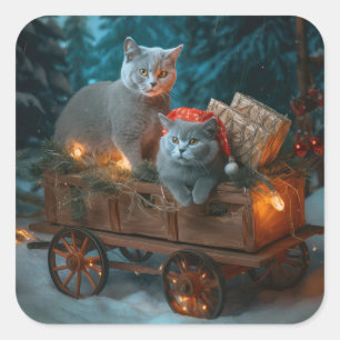 Russisch Blauw Kat Sneeuwachtige Sleigh Kerstmisde Vierkante Sticker