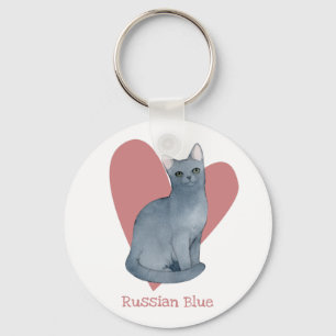 Russisch blauw Waterverf Kat Roze hart Sleutelhanger