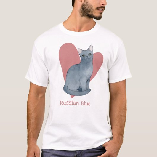 Russisch blauw Waterverf Kat Roze hart T-shirt (Voorkant)