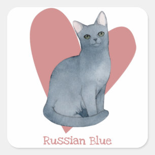 Russisch blauw Waterverf Kat Roze hart Vierkante Sticker