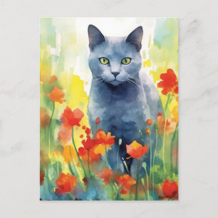 Russisch Blauwe Kat Bloemenveld Briefkaart