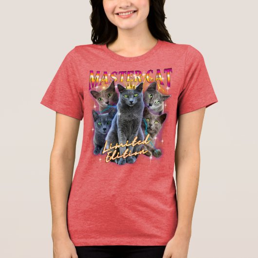 Russisch Blauwe Kat Bootleg Stijl Zilveren Kat Vin Tri-Blend Shirt (Voorkant)