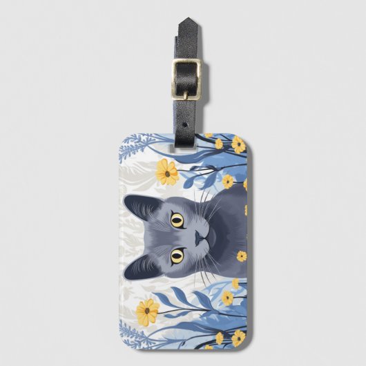 Russisch Blauwe Kat Gele Bloemen Bagagelabel (Voorkant (verticaal))