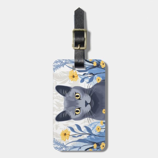 Russisch Blauwe Kat Gele Bloemen Bagagelabel (Voorkant verticaal)