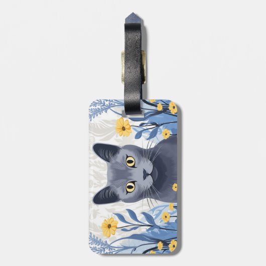 Russisch Blauwe Kat Gele Bloemen Bagagelabel (Achterkant verticaal)