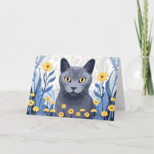 Russisch Blauwe Kat Gele Bloemen Bedankkaart