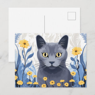 Russisch Blauwe Kat Gele Bloemen Briefkaart