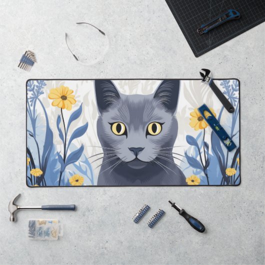 Russisch Blauwe Kat Gele Bloemen Bureaumat (Werkstation)