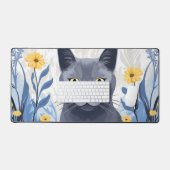 Russisch Blauwe Kat Gele Bloemen Bureaumat (Keyboard & Muis)