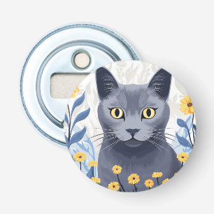 Russisch Blauwe Kat Gele Bloemen Button Flesopener