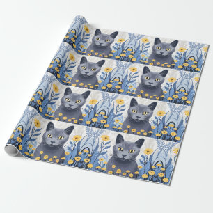 Russisch Blauwe Kat Gele Bloemen Cadeaupapier