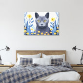 Russisch Blauwe Kat Gele Bloemen Canvas Afdruk (Insitu (Slaapkamer))