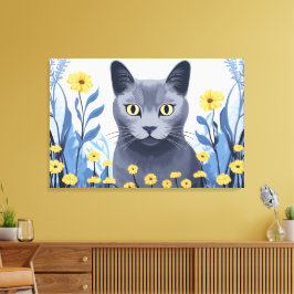 Russisch Blauwe Kat Gele Bloemen Canvas Afdruk