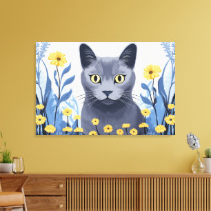 Russisch Blauwe Kat Gele Bloemen Canvas Afdruk