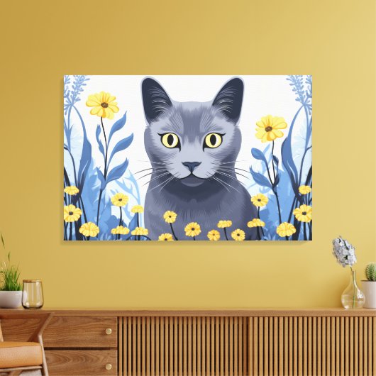 Russisch Blauwe Kat Gele Bloemen Canvas Afdruk (Insitu (Woonkamer))