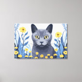 Russisch Blauwe Kat Gele Bloemen Canvas Afdruk (Voorkant)
