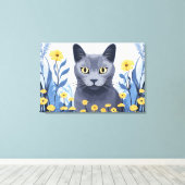 Russisch Blauwe Kat Gele Bloemen Canvas Afdruk (Insitu (Houten vloer))