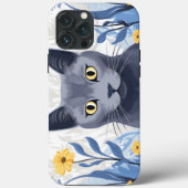 Russisch Blauwe Kat Gele Bloemen Case-Mate iPhone Case (Achterkant)